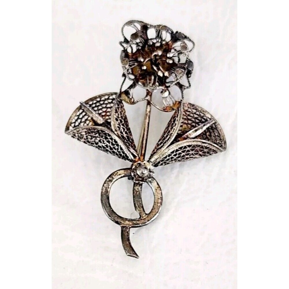 Antique Sterling Silver 800 Cannetille Filigree Floral Brooch Pin 2" 4.54g